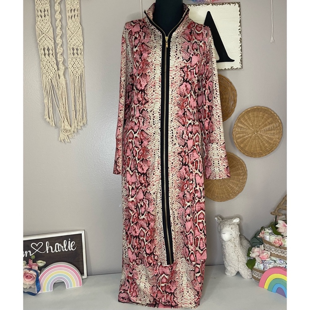 Zadie B’s Pink Snake Skin Zip Up Collar Modest Midi Dress Bubble Hem
